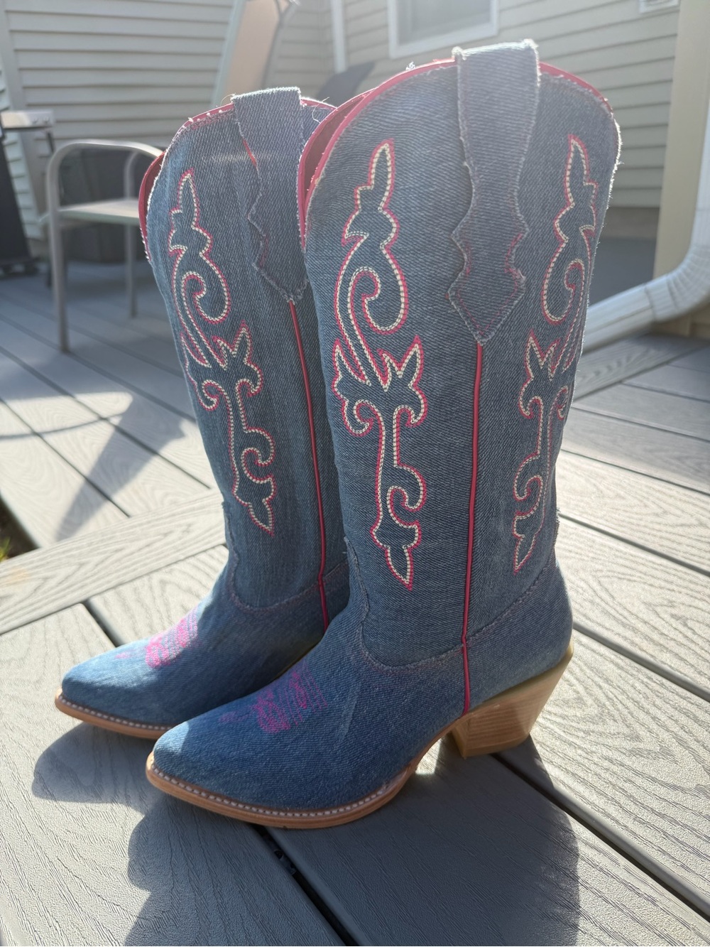 Denim Ferrini Cowboy Boots with Pink Stitching